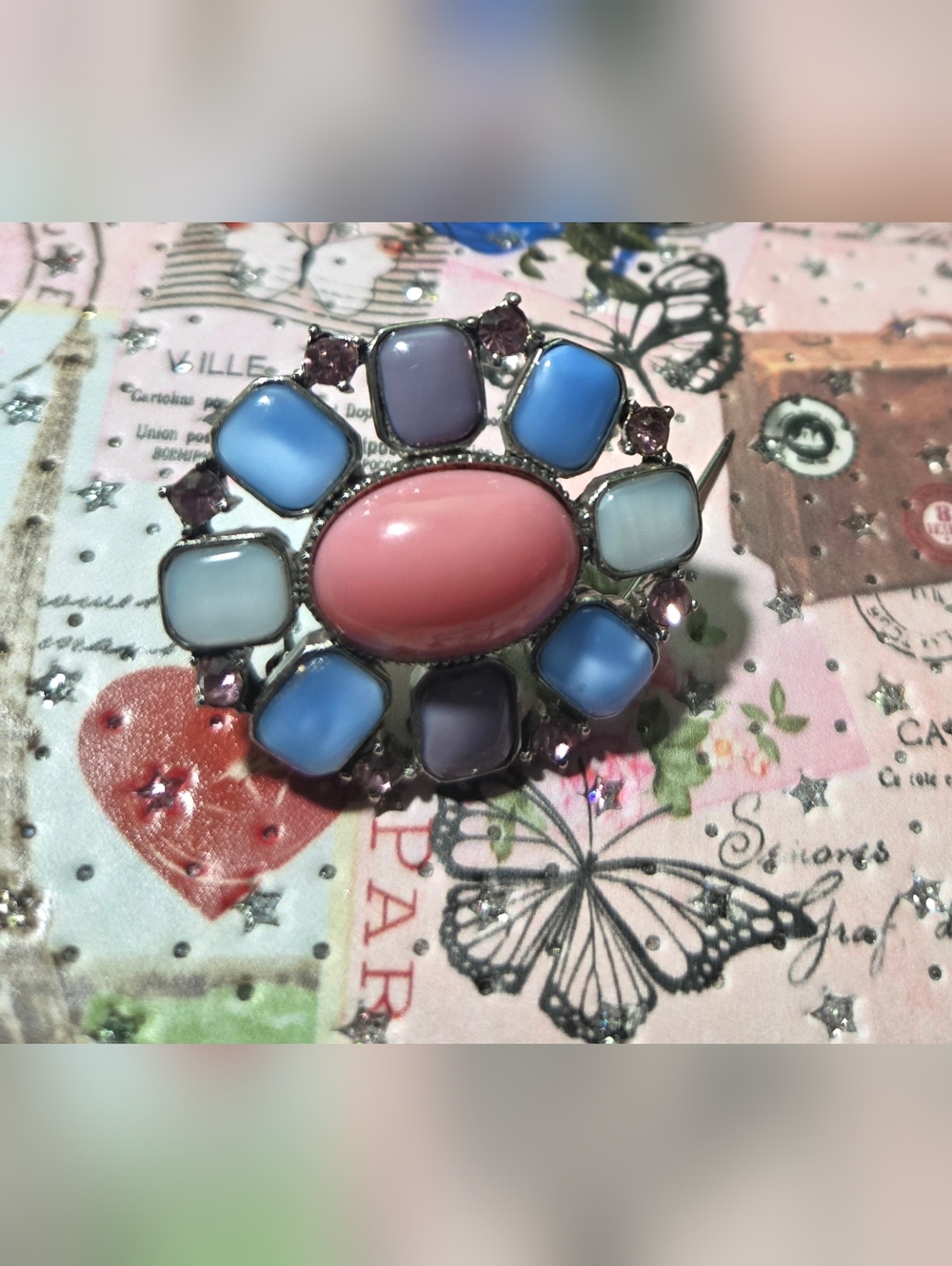 Liz Claibrone Vintage Pastel Pink and Blue Floral Brooch